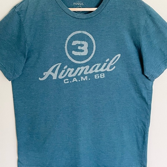 Vintage Fossil #3 Airmail Font Graphic Dark Teal T Shirt Men’s size Large - Picture 3 of 9